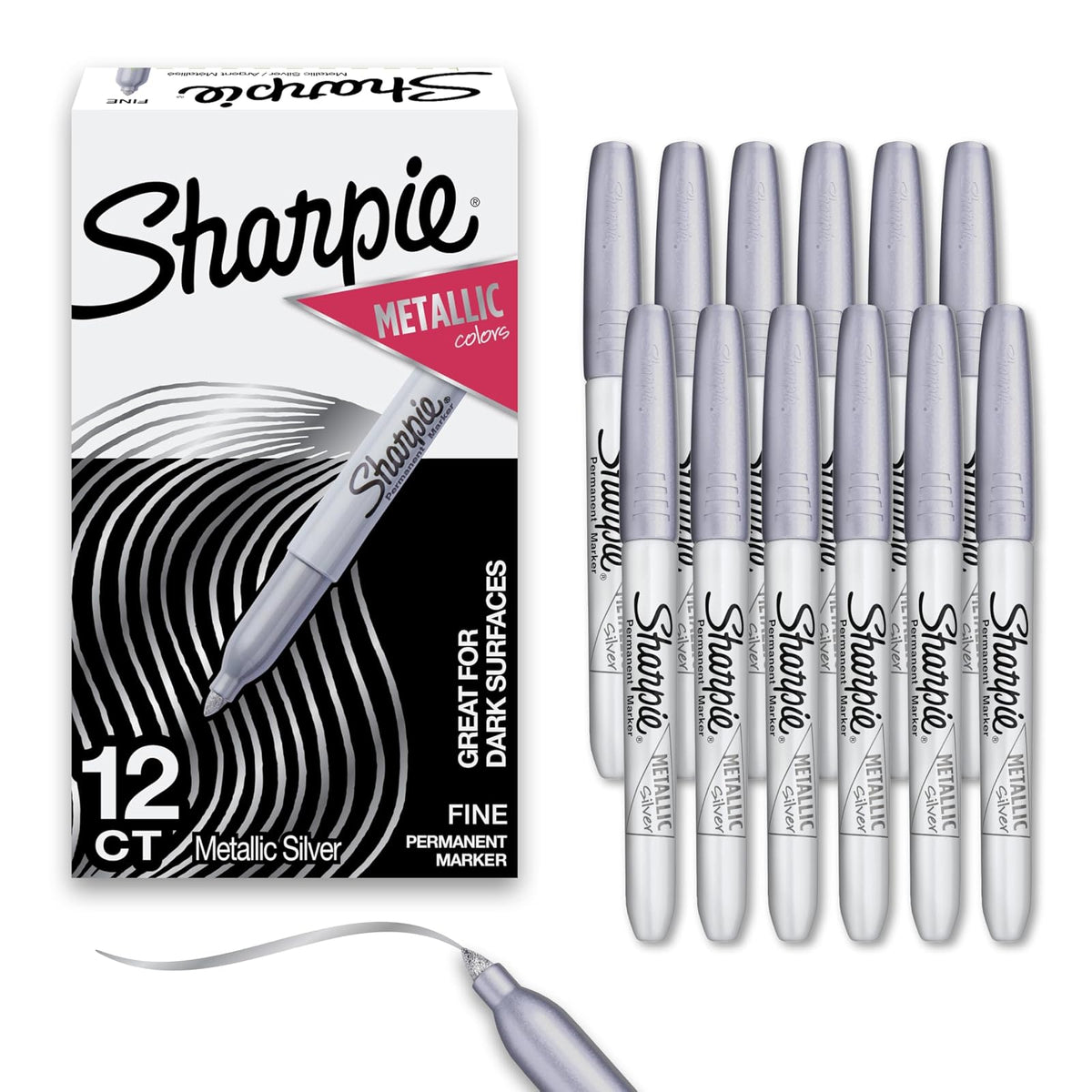 Sharpie - Juego de marcadores permanentes metálicos de punta fina, marcadores perfectos para papel negro o superficies oscuras, póster artístico plateado, 12 unidades