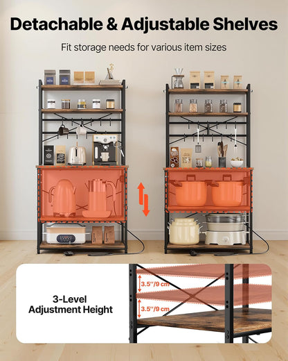 VEVOR Estante para Panaderos de Cocina con Toma de Corriente de 5 Niveles, Estantería de Almacenamiento de Servicios 80 x 40 x 161,8 cm con 12 Ganchos, con Soporte para Horno Microondas, Platos