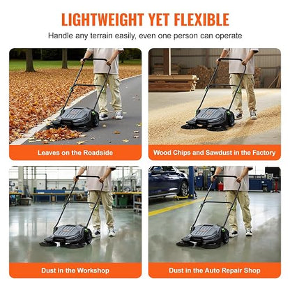 VEVOR - Barrendador de Piso de 65 cm de Ancho de Barrido Manual no eléctrico de 5 galones, Mango Plegable Ajustable en ángulo y Altura para Pasarela, Patio, cochera, Patio, Gris + Negro