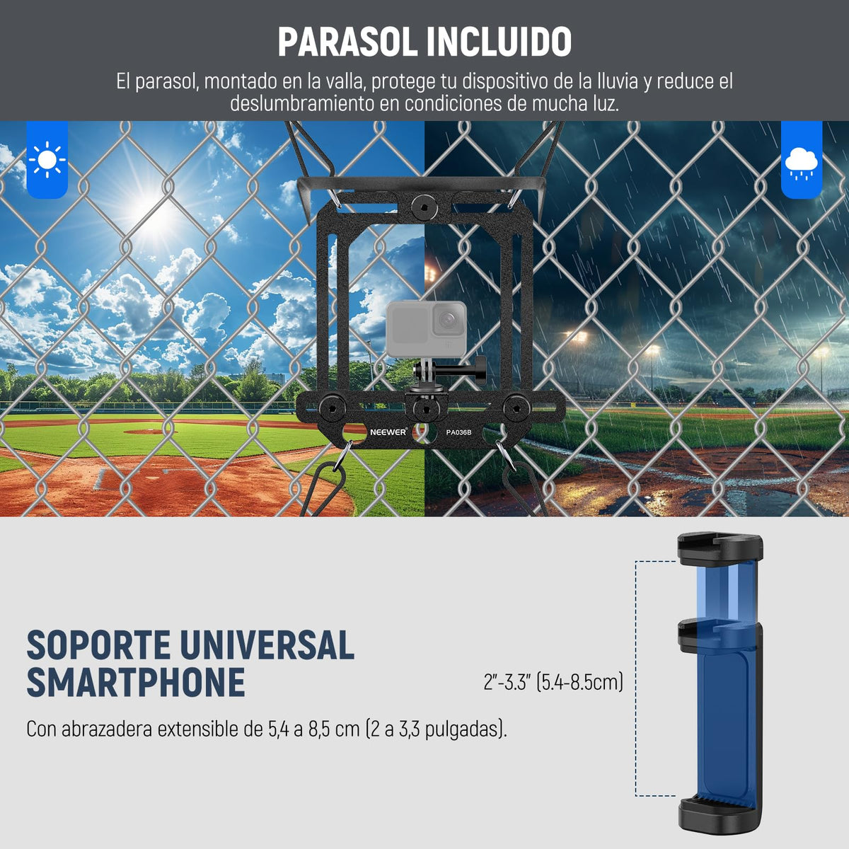 NEEWER Montaje Valla con Parasol Compatible con iPhone Mevo Camera GoPro Insta360 dji Pocket Radar Game Changer App, Kit Montaje Metal & Soporte Teléfono para Grabar Vídeos Béisbol Streaming, PA036B