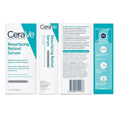CeraVe - Sérum de retinol para marcas posteriores al acné y textura de la piel | Sérum facial refinador, rejuvenecedor e iluminador de poros con retinol | 1 onza