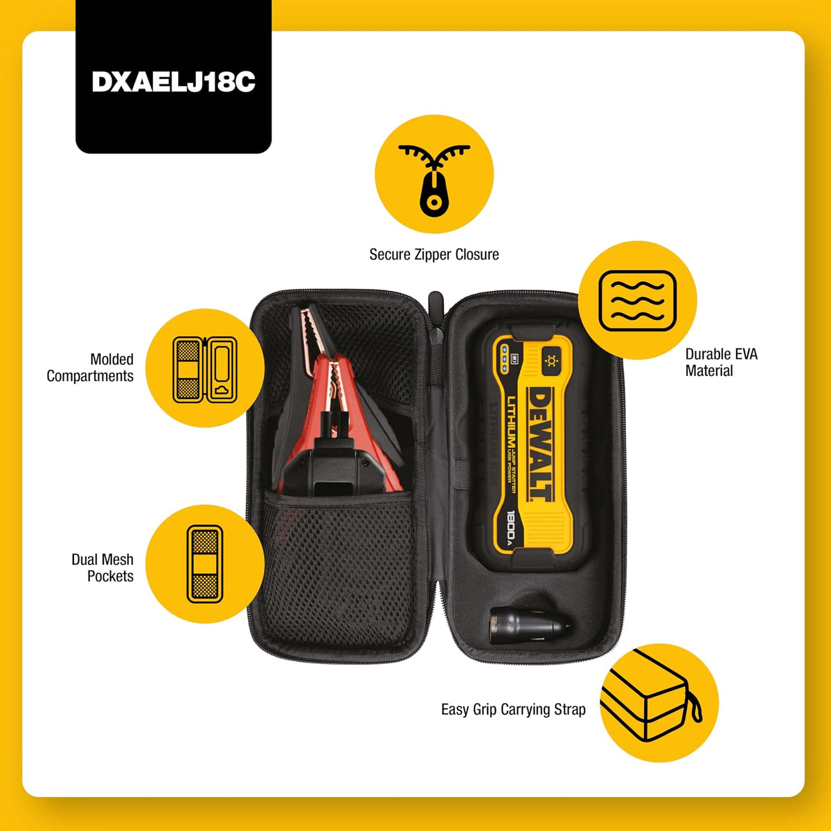 DEWALT DXAELJ18C 1800 Pico Amps Jump Starter | Ión de litio, alimentación USB, estuche de transporte