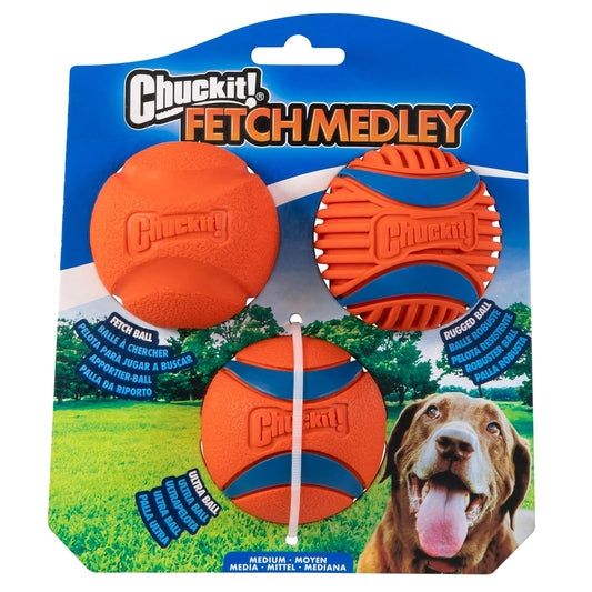 Chuckit! Fetch Ball Medley, Mediano, Bola para Perro, Paquete de 3, Bolas Ultra, Fetch y Resistentes Incluidas
