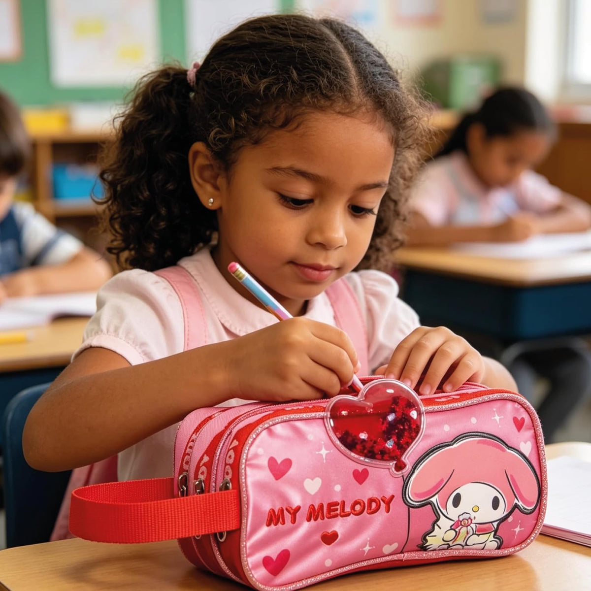 Ruz Lapicera Triple Infantil y Preescolar | My Melody | 100% Poliéster | Bolso Escolar para Niños con Múltiples Bolsillos y Cierre de Cremallera | Recomendado desde 3 años