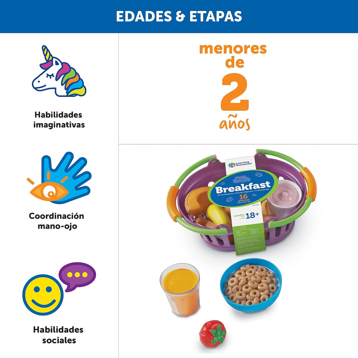 Learning Resources LER9730 Cesta de desayuno New Sprouts, 7 L x 4-1/2 W in, Multicolor