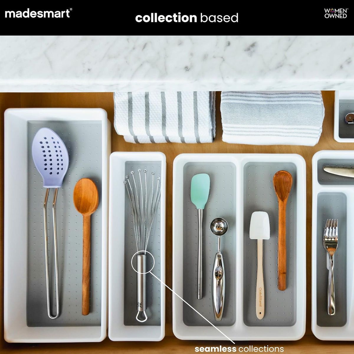 madesmart - Contenedor antimicrobiano clásico de 12 x 3 pulgadas, organizador de cajones, organización multiusos para el hogar, certificado por la EPA, color blanco