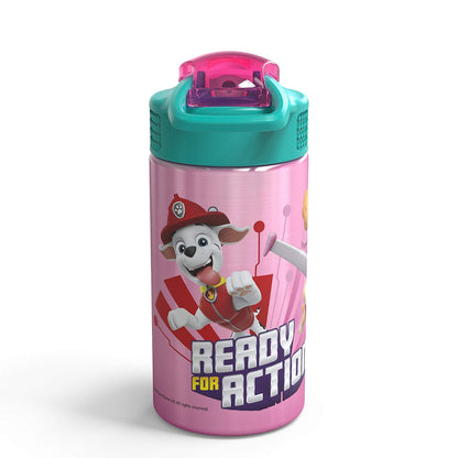 Zak Designs - Botella de agua para niños de acero inoxidable 18/8 de 15,5 oz con tapa abatible con cierre de popote, taza duradera para deportes o viajes, Paw Patrol Skye