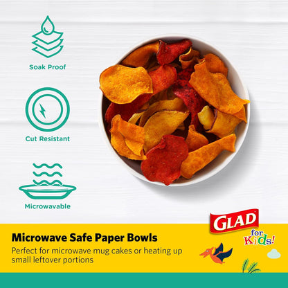 Glad for Kids - Cuencos de papel de dinosaurio, 20 unidades, tapas no incluidas, cuencos desechables con diseño de dinosaurio, para niños, cuencos de papel desechables resistentes para uso diario, 12