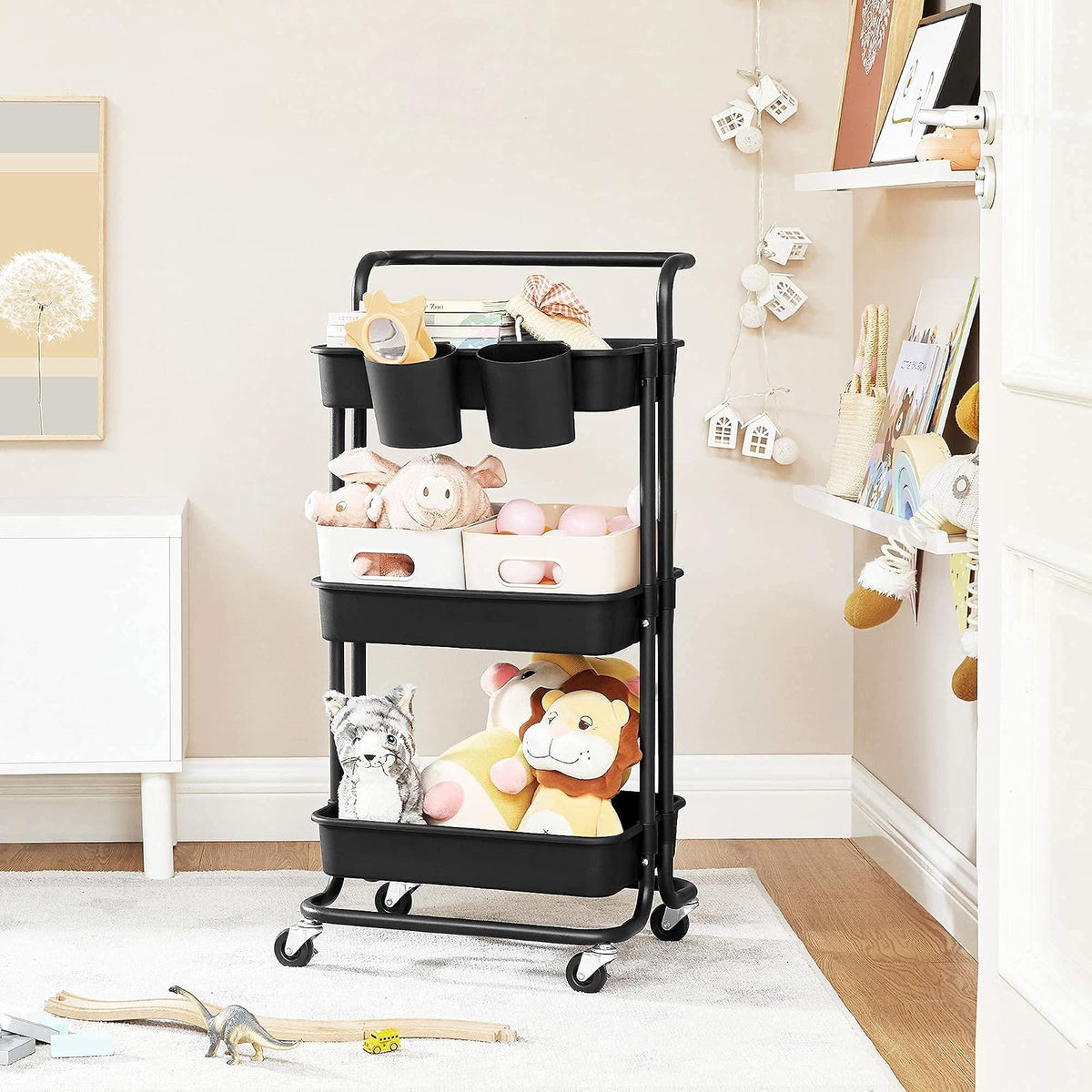 SONGMICS Carrito de Almacenamiento de 3 Niveles con Ruedas y Frenos Negro 13.2x16.4x34 Inches