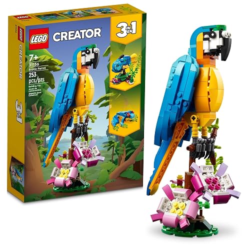 LEGO® Creator Loro Exótico; Animales de la Selva para Actividades en Familia con un Divertido Loro 3 en 1 articulado Que se Puede Transformar en una Colorida Rana Azul o un tierno pez Azul 31136
