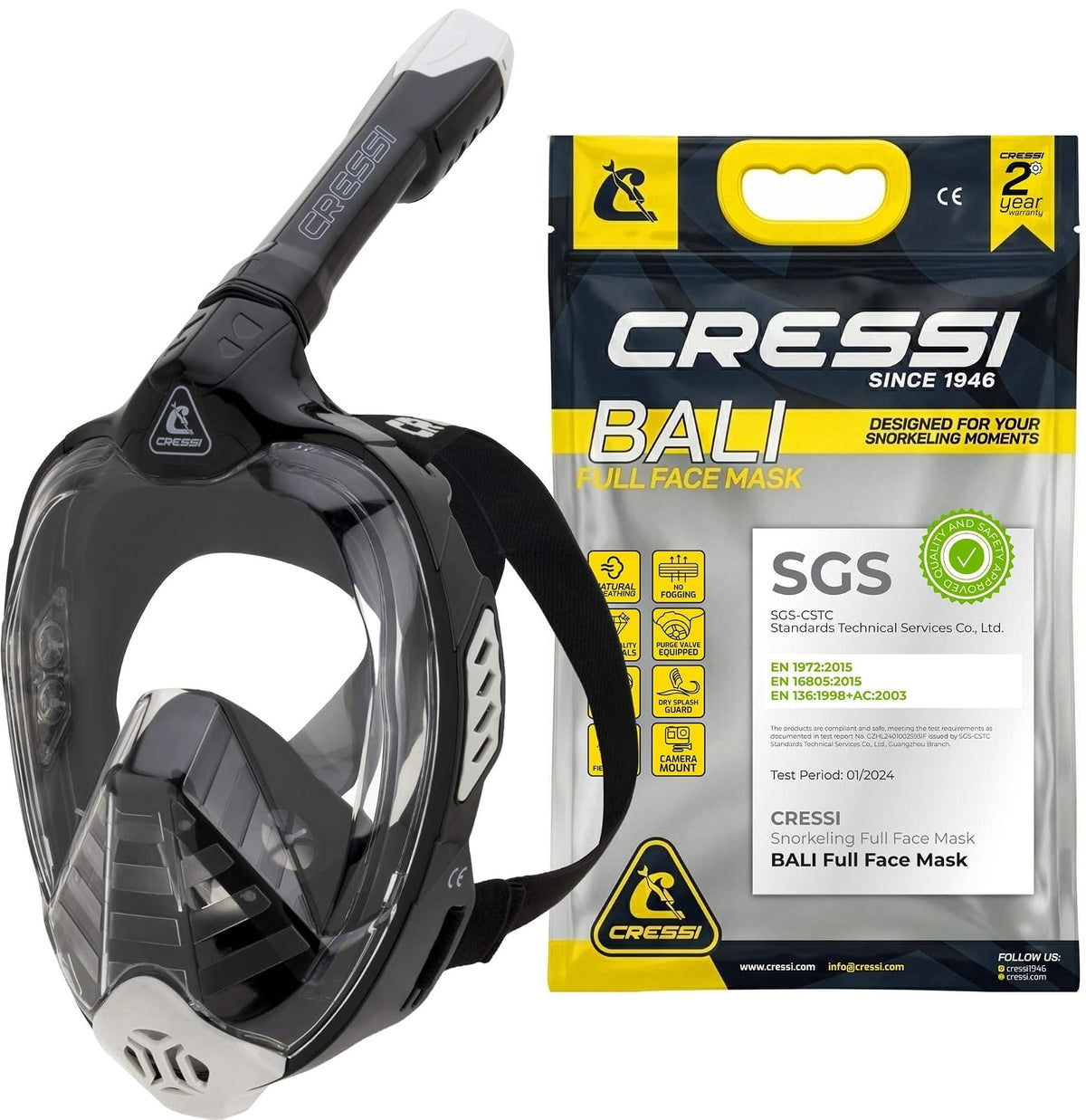 Cressi Adult Snorkeling Full Face Mask - Wide Clear View, Anti-Fog System - Easy Breathing: Safety First - Bali: Designed in Italy - L-XL - Negro - Gris