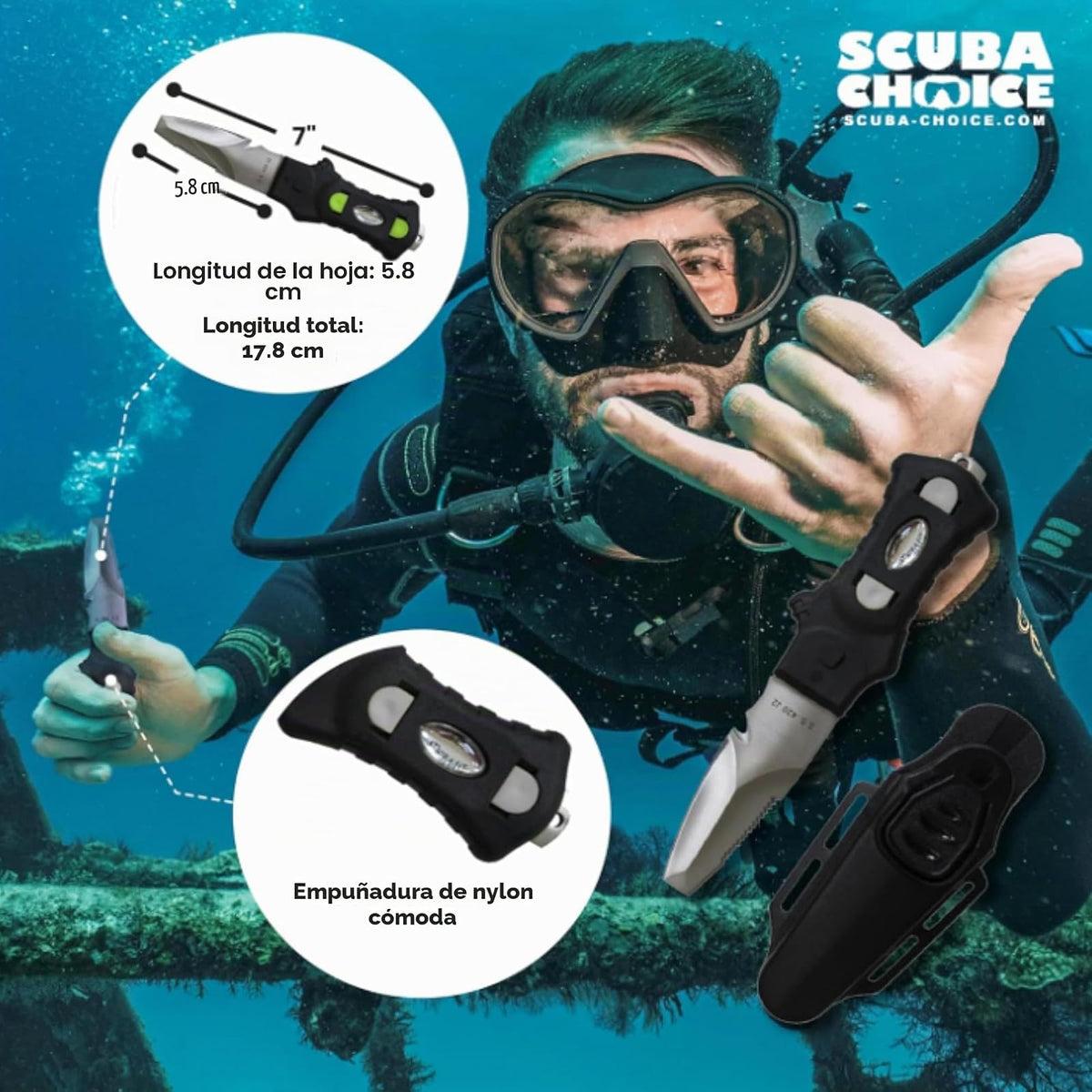Scuba Choice Cuchillo Buceo Acero Inoxidable Punta Roma 9 Pulgadas | Punta roma, hoja 2.3 pulgadas, mango ergonómico, 7 pulgadas total, para buceo y esnórquel