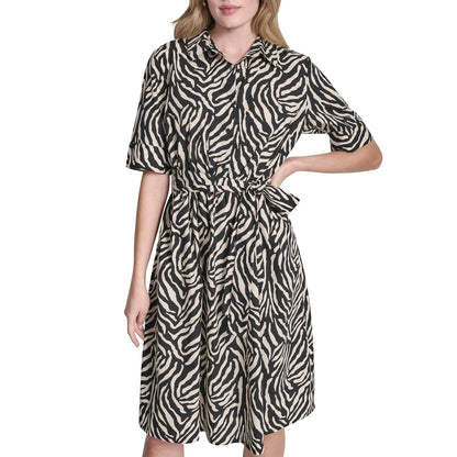DKNY Vestido Camisero de Popelina de Algodón Manga 3/4 - 14 - Negro (Black - Whitecap)