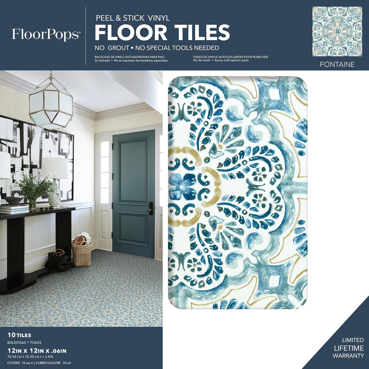 FloorPops FP2477 Fontaine - Azulejos de piso para despegar y pegar, color azul