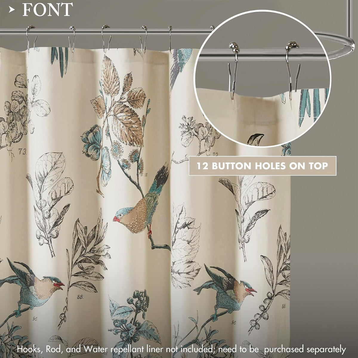 Madison Park - Cortina de ducha con estampado de pájaros y hojas, cortina de ducha para baño, decoración moderna de campo, lavable a máquina, cortina de ducha de algodón, membrillo, 72 x 72 pulgadas,