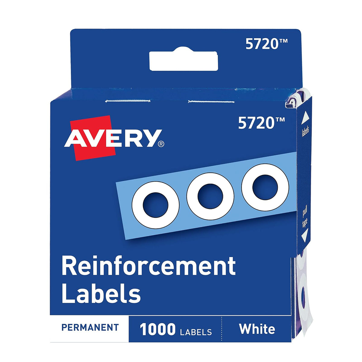 Avery Refuerzos autoadhesivos de polivinilo con diámetro estándar, color blanco, 1000 unidades por paquete (5720)