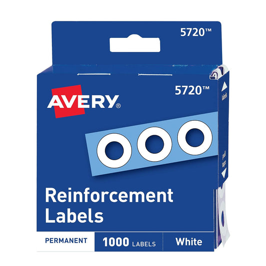 Avery Refuerzos autoadhesivos de polivinilo con diámetro estándar, color blanco, 1000 unidades por paquete (5720)