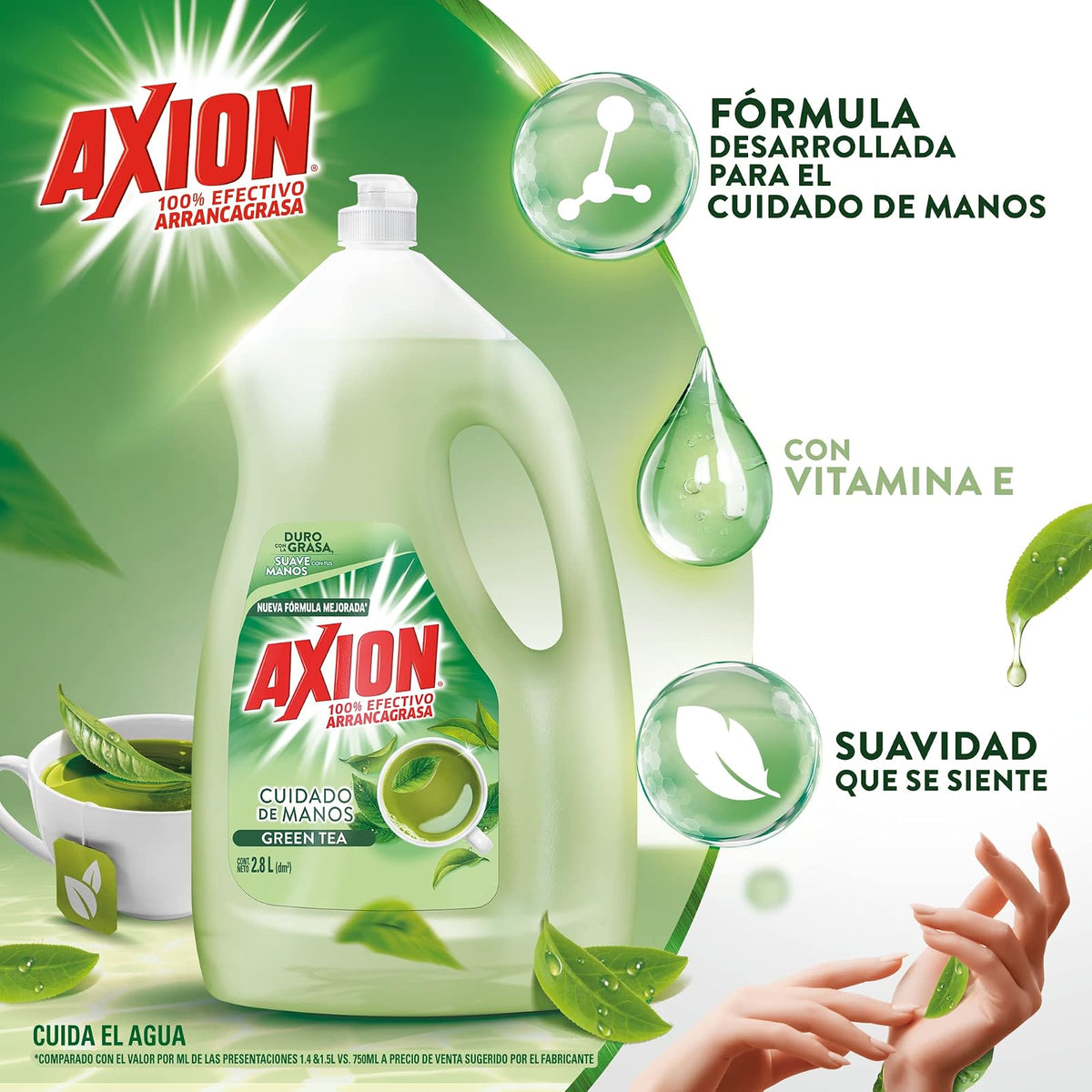 Axion Lavatrastes Líquido Cuidado de Manos Green Tea 2.8 Lt | Poderoso Arrancagrasa, Suave con tus Manos, Tu Aliado en el Cuidado de Manos con Colágeno, Suavidad que se Siente
