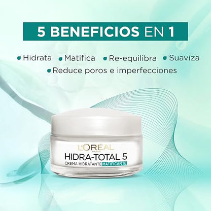 L'Oreal Paris, Crema Anti-Brillo Hidra Total 5 Matificante, 50Ml