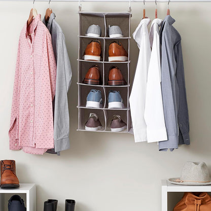 Household Essentials - Zapatos colgantes de 10 bolsillos para almacenamiento en lona mezclada lateral, 2 ganchos para un excelente apoyo, el organizador perfecto para ahorrar espacio, gris claro
