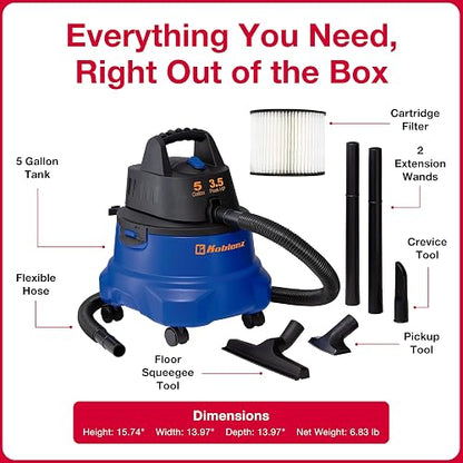 Koblenz WD-5 L2 Aspiradora Seco Mojado 3 en 1 con Sistema de Expulsión de Aire, Tanque de 5 Galones, Motor de 3.5 HP Pico, Filtro Plisado, Aspiradora para Hogar y Taller, Cable Eléctrico y Accesorios
