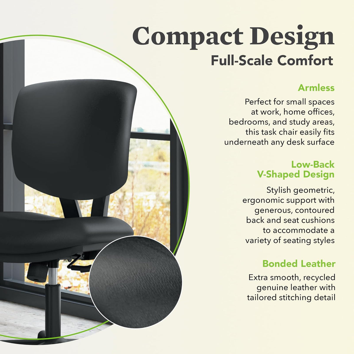 HON Volt - Silla de computadora sin Brazos para computadora de Oficina reclinable ergonómica, Asiento Trasero de Piel Softhread, Silla de computadora giratoria para computadoras, Trabajo, Color Negro