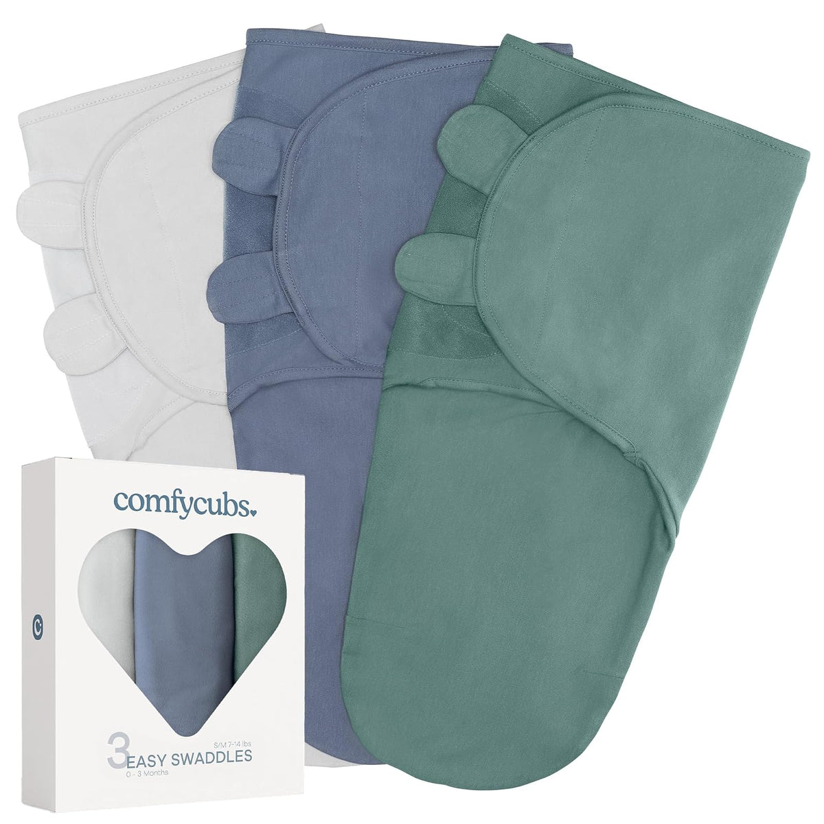 Comfy Cubs Mantas Envolventes para Recién Nacido, Paquete de 3 - Stone, Nomadic Blue, Azul - Small (0-3 Months)