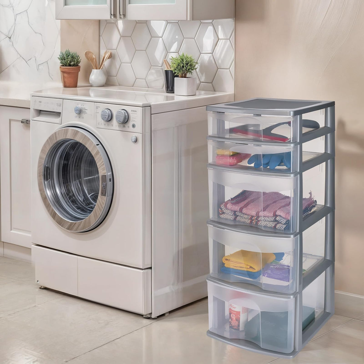 Italhome Cajonera FOX 5 de Plástico 5 Cajones Transparentes, Organizador Multiusos Desarmable para Hogar y Oficina, Mueble Resistente Fácil Armado, Color Gris