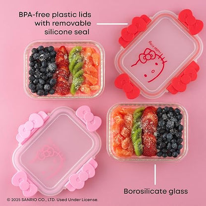 JoyJolt Sanrio Hello Kitty Recipientes de Vidrio Estriado 2 | Rosa y rojo, 2 pzs, borosilicato estriado, tapas herméticas sin BPA, seguro para congelador/microondas/horno