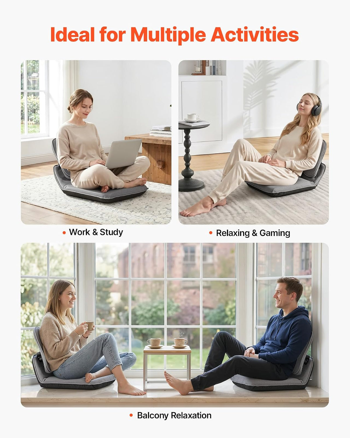 VEVOR Silla de Suelo Relax, Silla Reclinable con Soporte Lumbar Ergonómico, Respaldo Ajustable en 5 Posiciones, Acolchado de Espuma, Marco Metálico y Tapizado de Lino, para Lectura Descanso, Gris