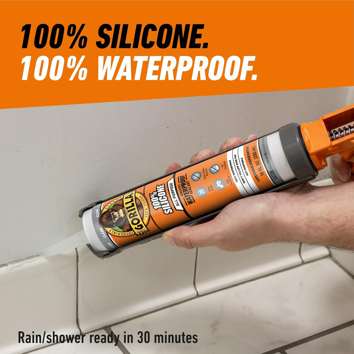 Gorilla 8050002 Clear 100Percentsilicone Sealant, 10 Oz., Clear | Resistente al moho y al moho, sellador flexible multiusos, secado rápido en 30 minutos, uso en interiores y exteriores