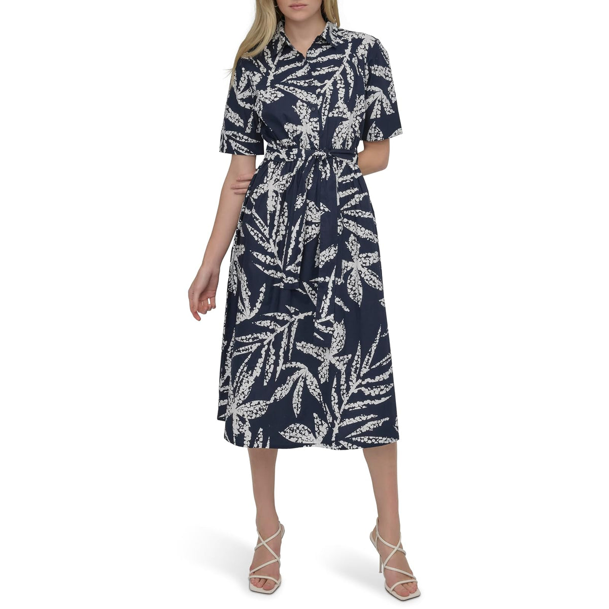 DKNY - Vestido Midi de Manga Larga para Mujer, Cuello Anudado, Cintura y cinturón