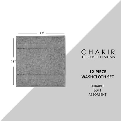 Chakir Turkish Linens - Toalla de hotel de lujo y spa, 100% Algodón turco genuino, Paño de lavado, Color Gris, Juego de 12