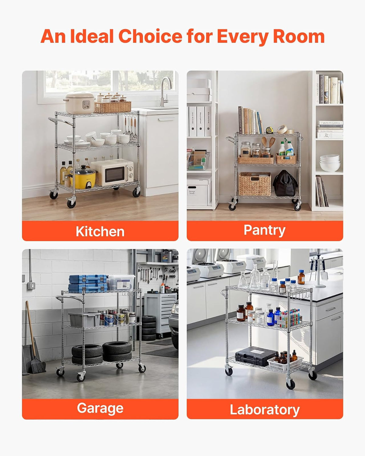 VEVOR Carrito de Cocina de 3 Niveles, Estante de Almacenaje de Alambre Ajustable, Carrito Auxiliar con Ruedas Giratorias y Asa, Carro de Servicio para Cocina, Garaje, Lavadero, 89 x 45,3 x 104 cm