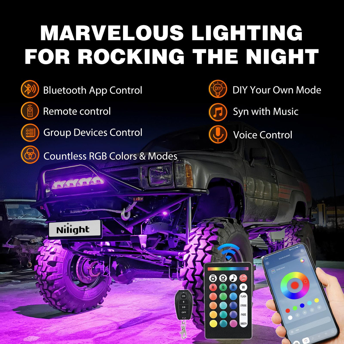 Nilight - Kit de 8 luces LED RGB de roca de 18 luces LED de gran angular con control remoto y aplicación Bluetooth, control dual, multimodos, subido, multicolores, para ATV, UTV, SUV, todoterreno