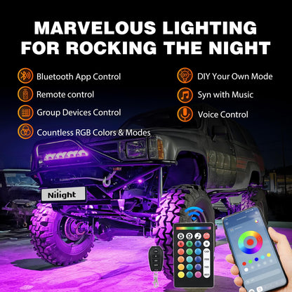 Nilight - Kit de 8 luces LED RGB de roca de 18 luces LED de gran angular con control remoto y aplicación Bluetooth, control dual, multimodos, subido, multicolores, para ATV, UTV, SUV, todoterreno