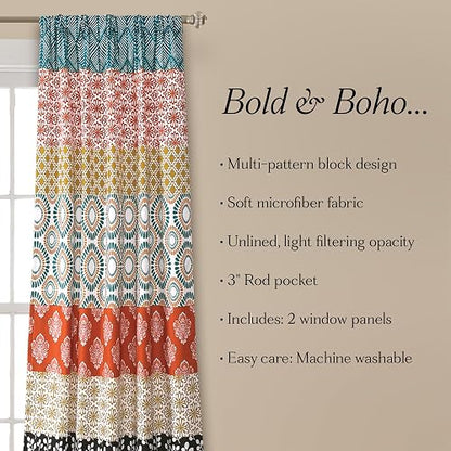 Lush Decor Par de Cortinas de Ventana de Rayas Bohemias Coloridas con diseño Atrevido, 52 Pulgadas de Ancho x 84 Pulgadas de Largo, Turquesa y Naranja