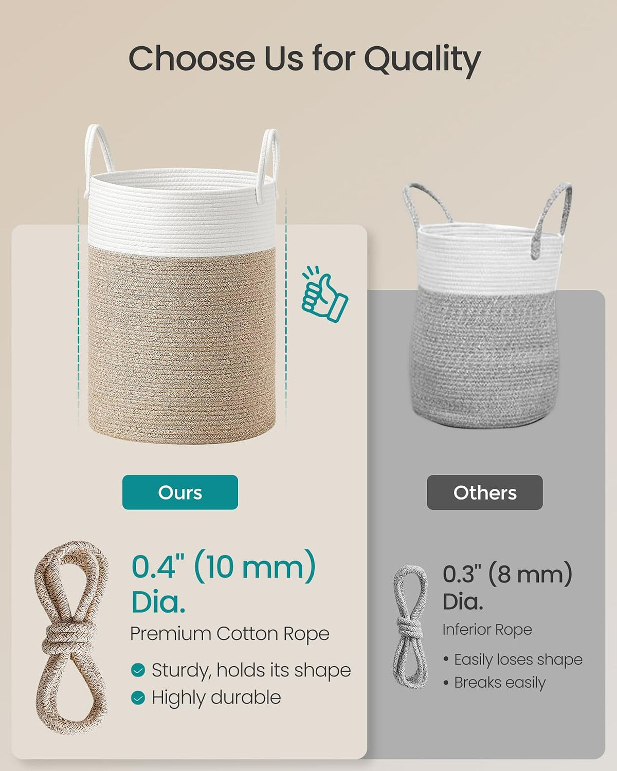 SONGMICS - Cesta de lavandería con asas, 15.8 galones | Para ropa, sala de estar, recámara, 13.8 x 13.8 x 19.7 pulgadas, beige, colección STOWIT URLH061LZ01