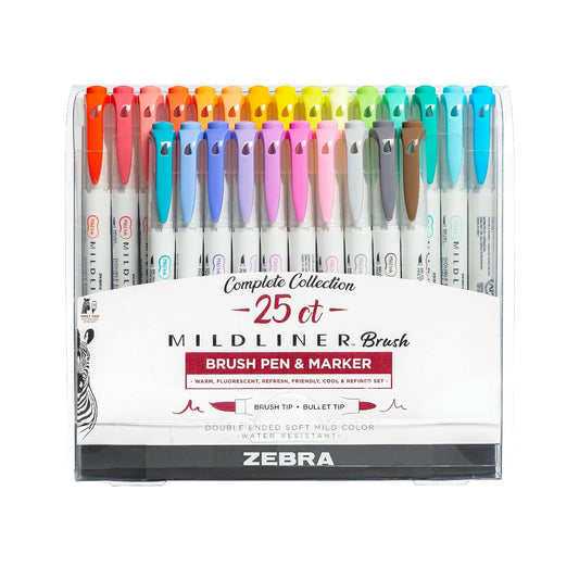 Zebra Pen Mildliner - Bolígrafo de doble punta, punta de pincel y puntas, colores de tinta surtidos, paquete de 25, multicolor (79125)
