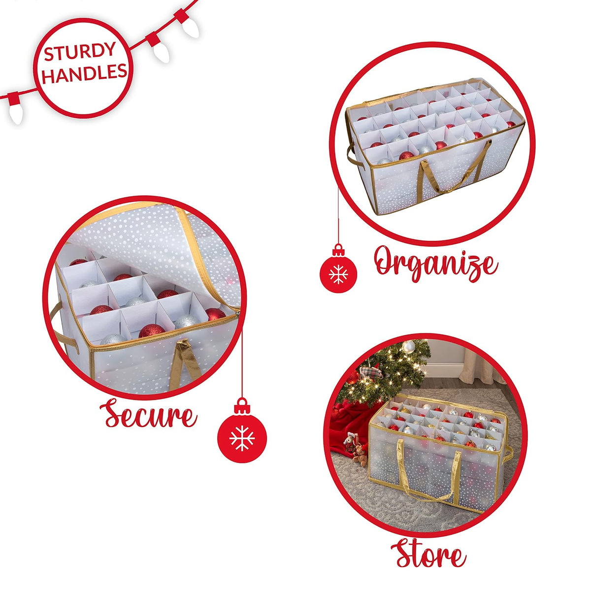 Simplify Organizador de 128 Unidades de Almacenamiento de Adornos de Navidad | Dimensiones: 26.5 x 13.5 Pulgadas, Dorado, Asas fáciles de Llevar, organización navideña, Cierre de Cierre, Capacidad