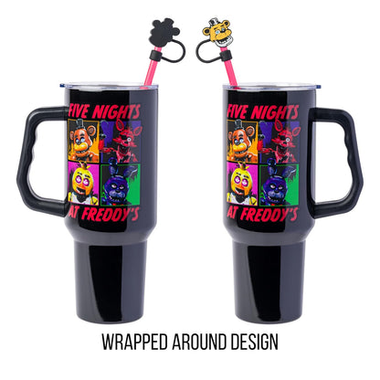 Silver Buffalo Five Night at Freddy's - Vaso de acero inoxidable con mango y popote, se adapta a portavasos estándar, 40 onzas