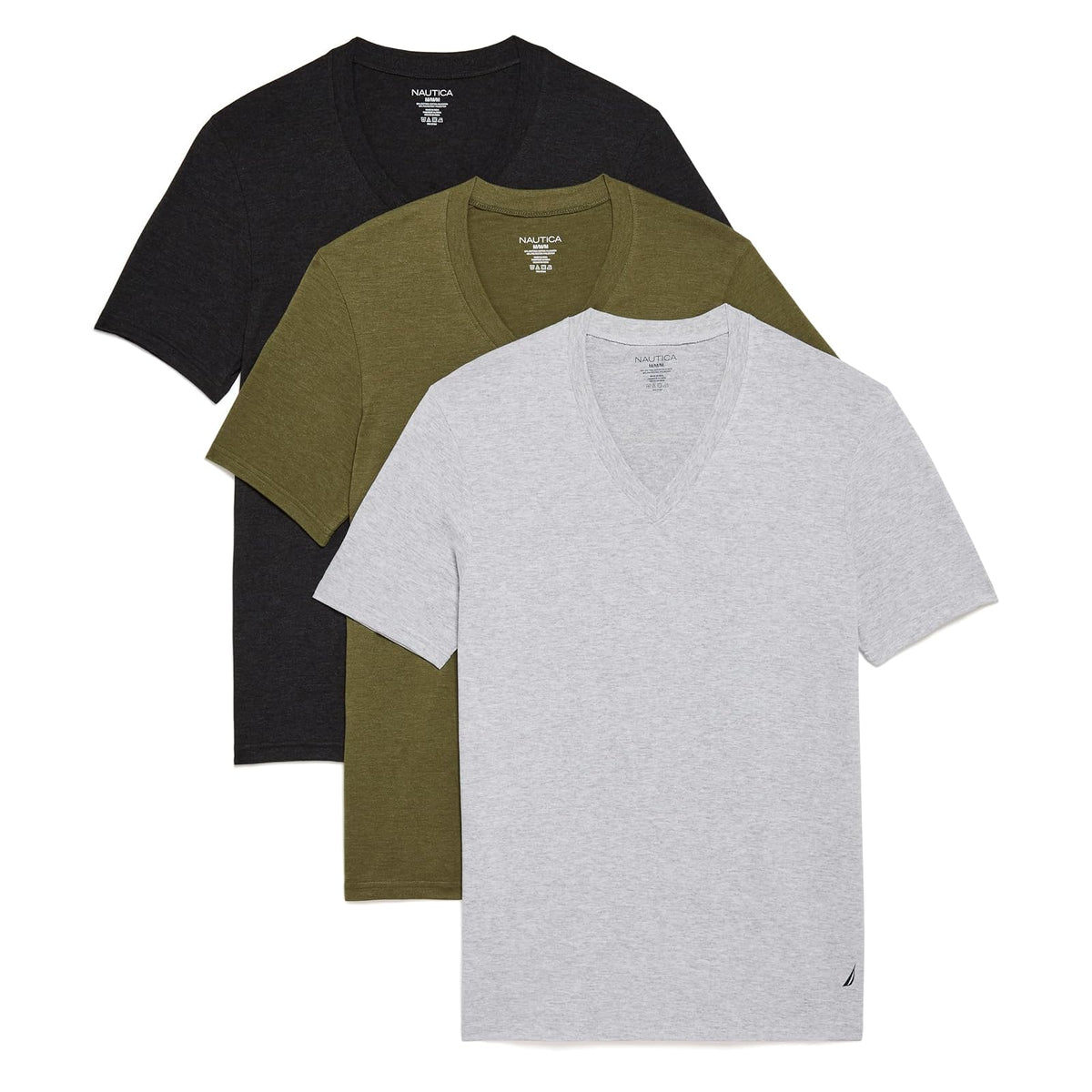 Nautica Paquete de 3 Camisetas con Cuello en V Jaspeado CamisetaHombre - M - Negro - Verde Bosque del Ejército - Nieve