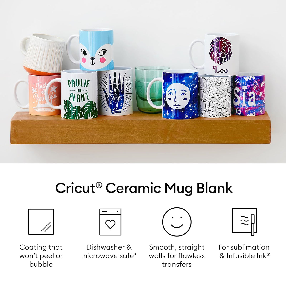 Cricut Taza apilable de cerámica en blanco, 10 onzas, 300 ml (6 unidades) – Taza personalizada – Funciona con hojas de transferencia de tinta infusible Ink, bolígrafos, marcadores y sublimación