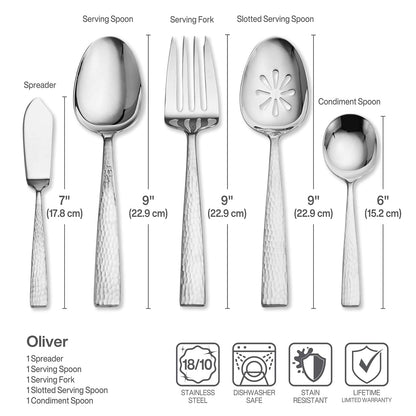Mikasa Oliver - Juego de cubiertos de satén para 12, 65 piezas de acero inoxidable 18/10 con elegante acabado satinado y utensilios para servir, vajilla duradera