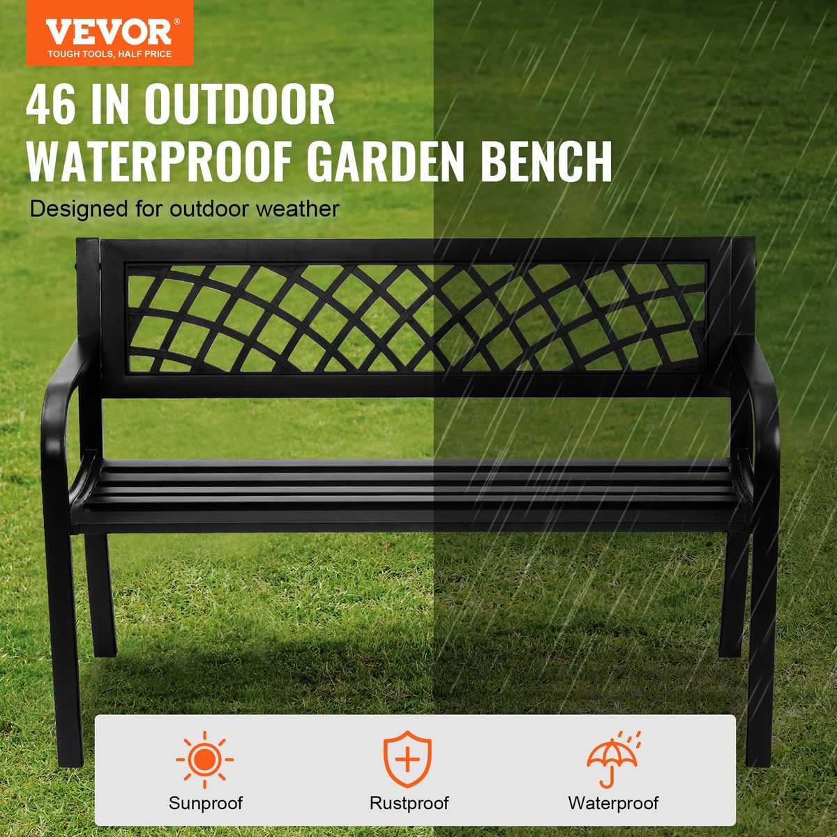 VEVOR Banco de Parque, Banco de jardín de Metal de 116,3 cm para Exteriores, Capacidad de Carga de 218 kg, con Respaldo y reposabrazos, para jardín, Parque, Patio, Porche Delantero