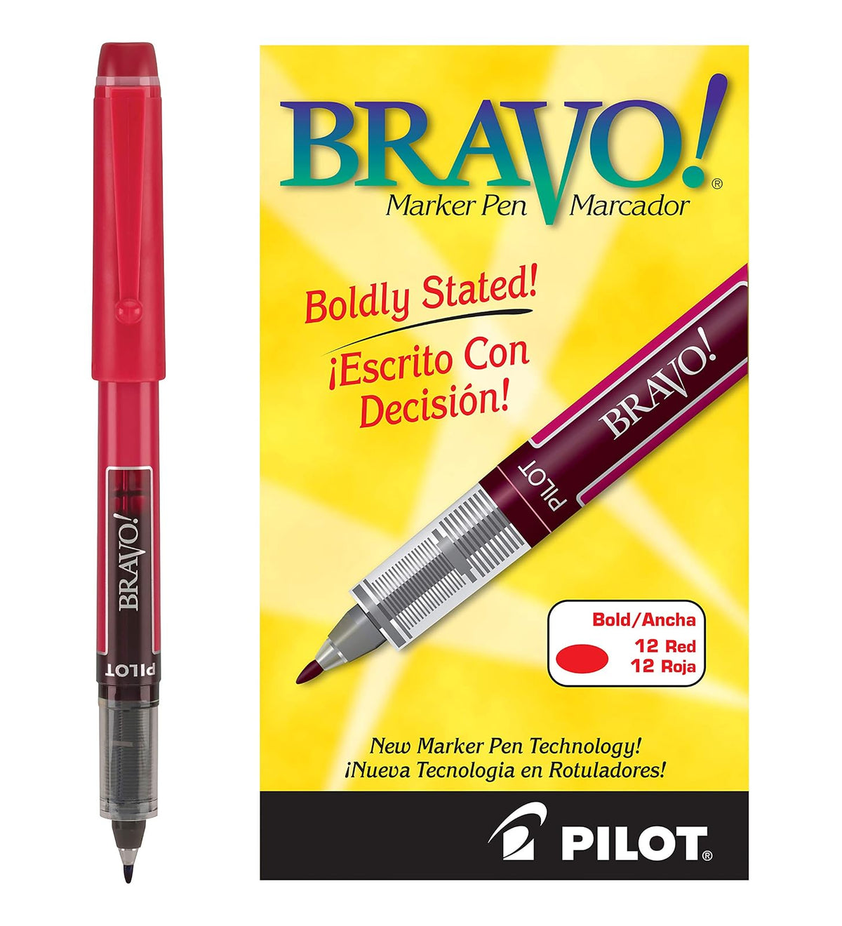 Pilot Bravo Marcador de Tinta Líquida, Punta Gruesa, Caja con 12 - 1 Count (Pack of 1) - Rojo -