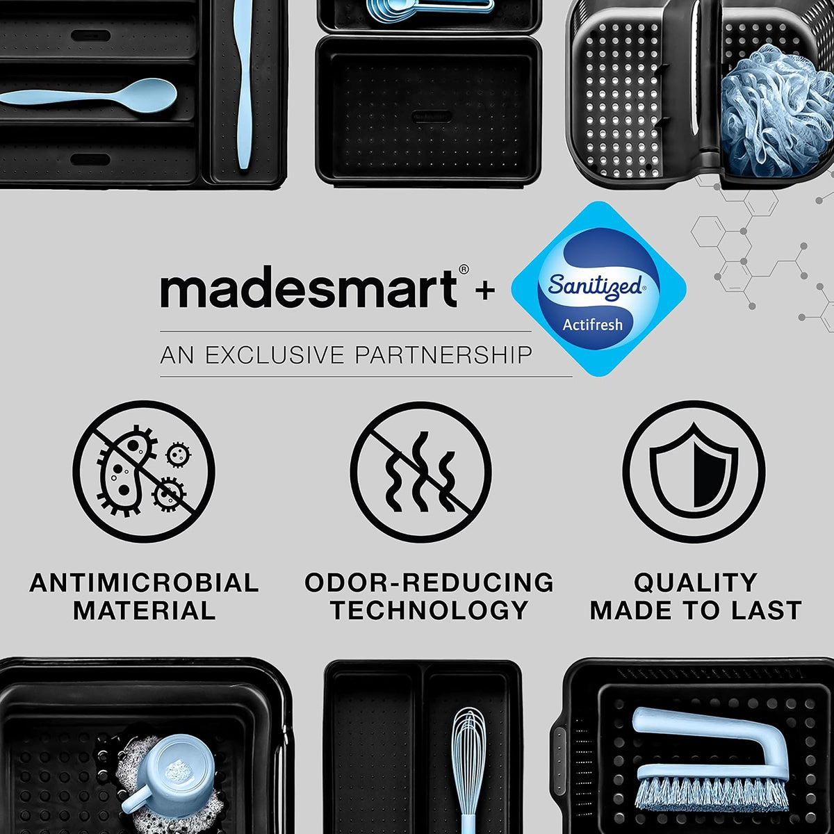 Madesmart - Almacenamiento de baño pequeño y suave con agarre bajo el fregadero, organización multiusos para el hogar, certificado por la EPA, carbono antimicrobiano de alta calidad