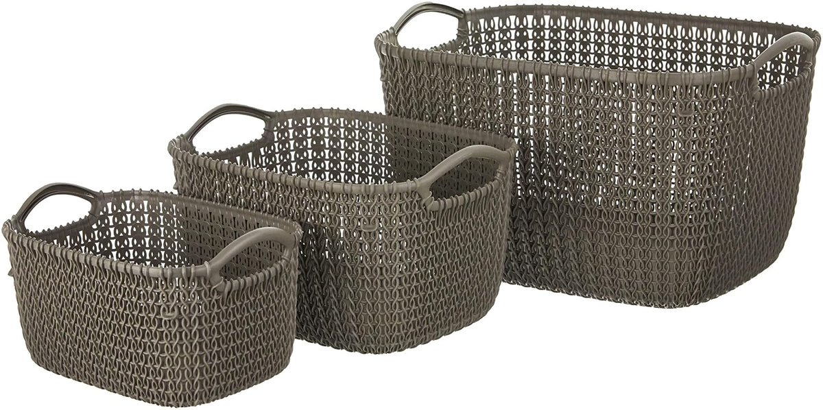 Curver - Set de 3 Canastas Knit, Juego de 3 Cestas De Plástico Estilo Ratán, L + S + XS, Organizadoras, Multiusos, Marrón