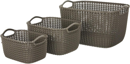 Curver - Set de 3 Canastas Knit, Juego de 3 Cestas De Plástico Estilo Ratán, L + S + XS, Organizadoras, Multiusos, Marrón