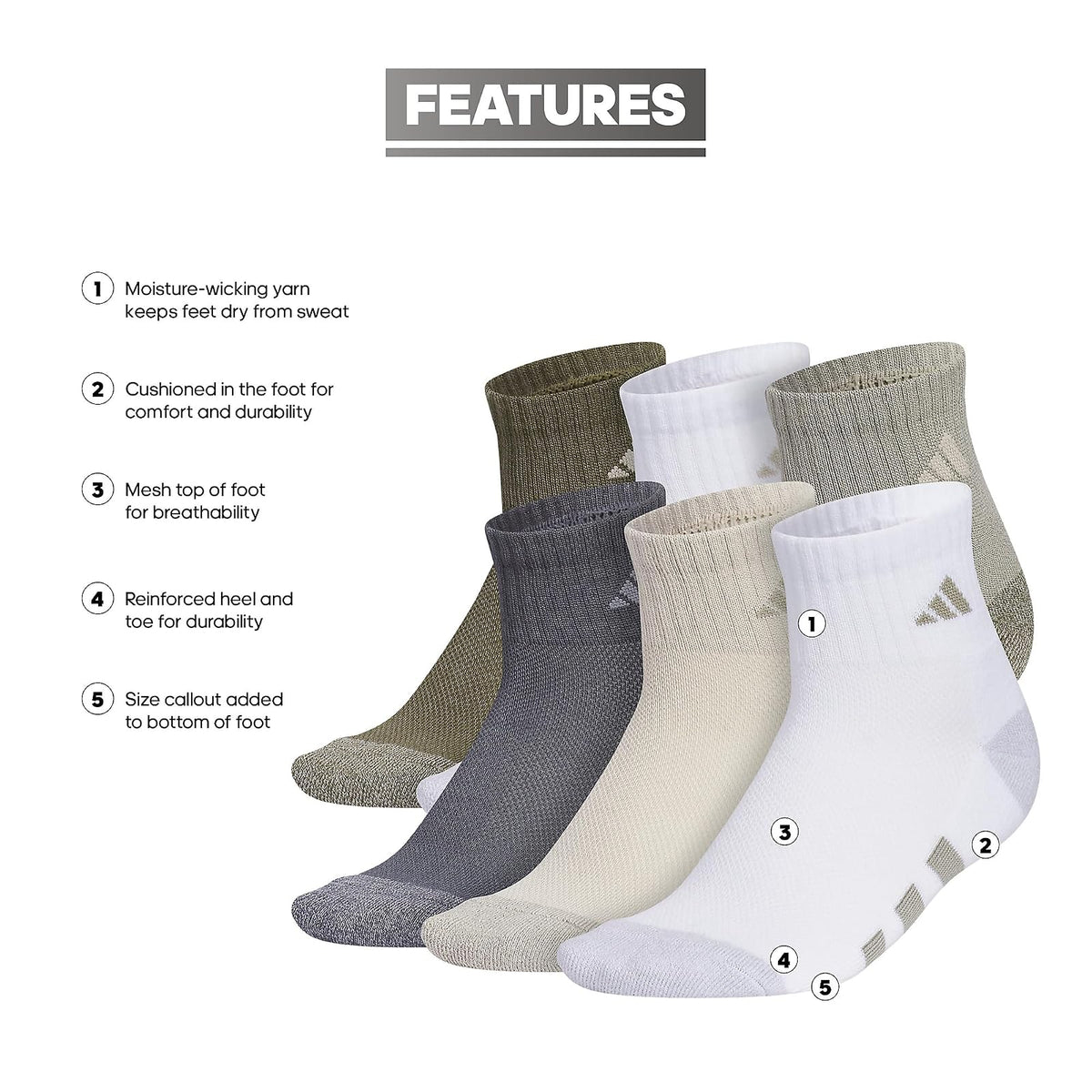 adidas Calcetines deportivos acolchados (6 pares) para niños, niños y niñas, ajuste por encima del tobillo, tela duradera Calcetín de cuarto Niños